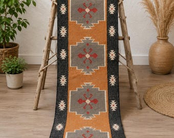 Wool Jute Kilim Runner Rug, Southwestern Stair Runner Rug, Handmade Navajo Hallway Runner, Geometric Boho Runner Carpet, Custom Size Runner