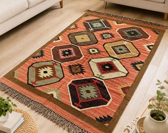 Handwoven Wool Jute Kilim Rug Traditional Indian Rug Eco-Friendly Decor Home Accent Indian Kilim Bohemian StyleTraditional Indian Kilim Rug