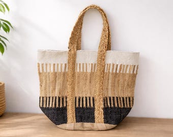 Handwoven Jute Tote Bag Boho Tribal Design Beige Black Stripes Eco Friendly Bag Shopper Handmade  Tote Bag Boho Tribal Design Eco Friendly