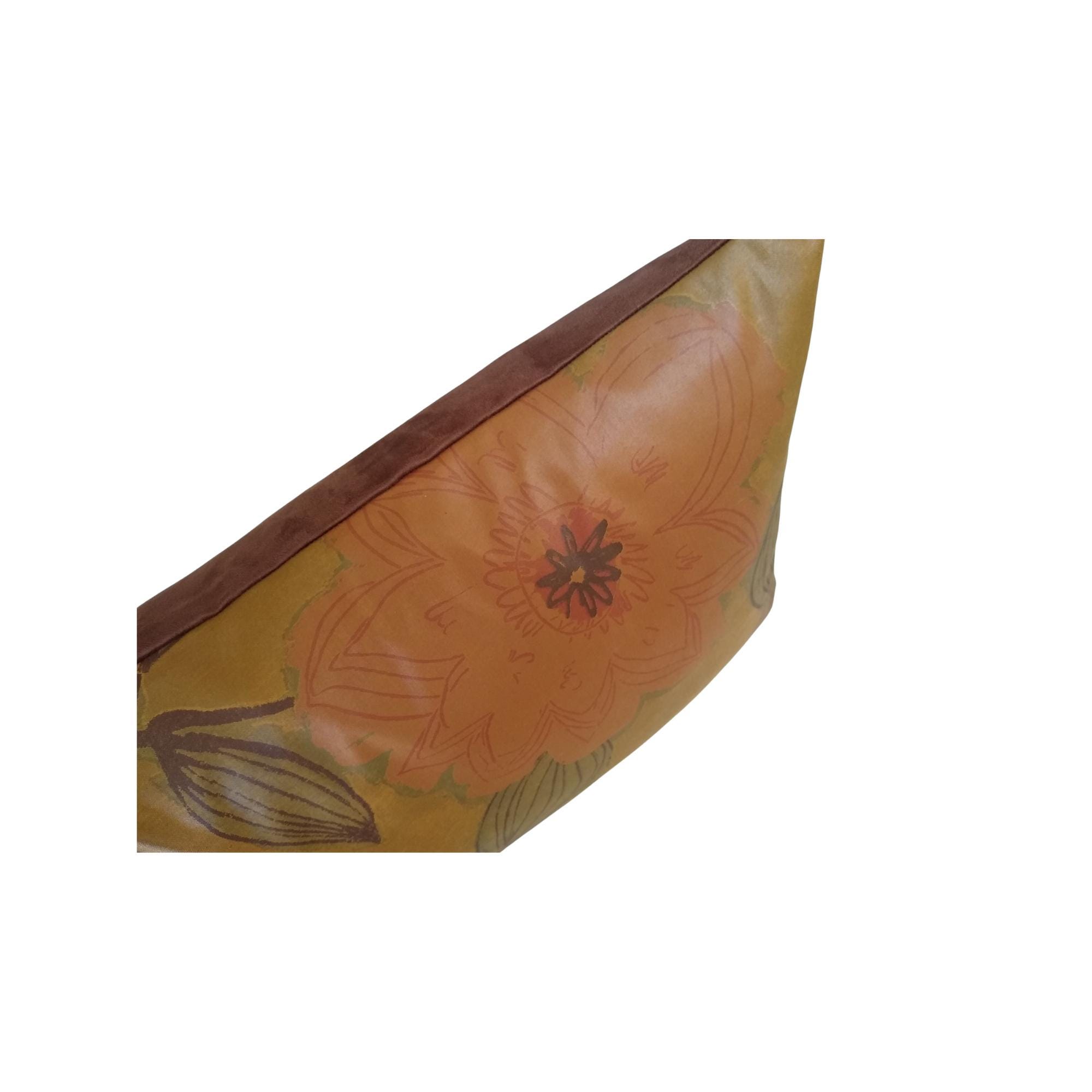 Pillow Cover Approx. 24" x 16" in Brown, Red and Green front colors. Flower print with brown micro suede back. Upcycled.
