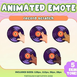 Könnte beinhalten: Animierte Emote-Grafik mit fünf Schallplatten, jeweils mit einer Hand, die mit der Platte interagiert. Der Text "ANIMATED EMOTE" und "record scratch" werden angezeigt. Enthält 5 Hauttöne. Enthaltene Größen: 128px, 112px, 56px, 28px.
