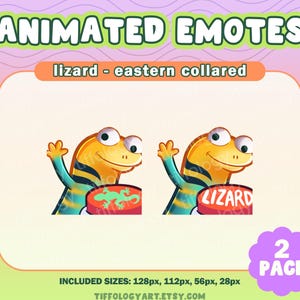 May include: Animated emotes featuring a cartoon lizard with a yellow and blue body, waving a hand. The image includes the text "ANIMATED EMOTES" and "lizard - eastern collared". The image also includes the text "2 PACK".