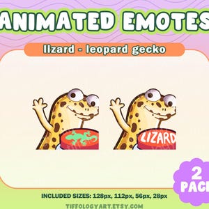 May include: Animated emotes featuring a leopard gecko lizard. The gecko is yellow with brown spots and waves from behind a red sign. The image includes the text "ANIMATED EMOTES" and "lizard - leopard gecko". The image is a 2-pack.