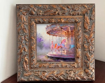 Peinture à l'huile de cheval de manège, cadre vintage fleuri, art mural impressionniste