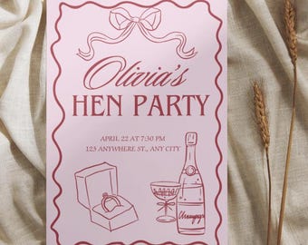 Pink & Red Hen Party Invitation, Download, Drinks, Cocktails Illustrated Invites, Personalised, A5,