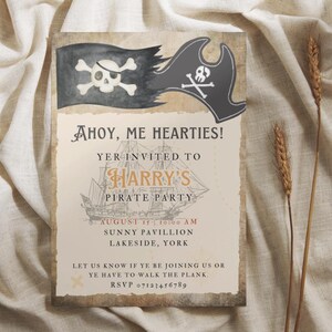 May include: A pirate-themed invitation with a skull and crossbones flag and a pirate hat illustration. The invitation reads "Ahoy, Me Hearties!" and invites guests to Harry's Pirate Party on August 15th at Sunny Pavilion, Lakeside, York. RSVP 07123456789.