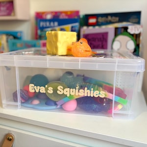 Op de afbeelding: Een doorzichtige, rechthoekige plastic opbergdoos met deksel, voorzien van de tekst "Eva's Squishies" in lichtgele letters op de voorzijde. In de doos zitten diverse kleurrijke squishy speeltjes, terwijl bovenop een geel kaasblok en een oranje vis liggen.