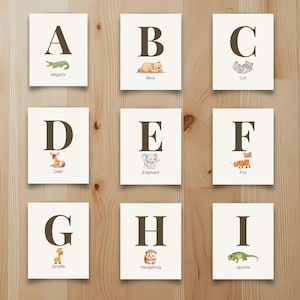 Baby Tier Alphabet zum Ausdrucken - ABC Wandkunst für Kinderzimmer, Kinderzimmer digitaler Download, Lerntier-Lernkarten