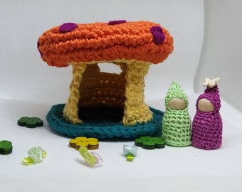 Miniature Toys, Waldorf toy, Crocheted Cottage, Gnome Cottage, Wood peg gnomes, Toadstool cottage, mushroom cottage