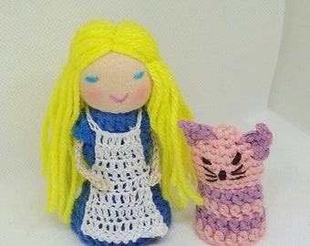 Alice and cheshire cat finger puppet, Alice mini doll, Alice crochet doll