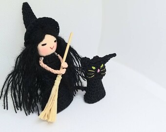 Black Witch, Finger Puppet Witch, Crone with cat familiar and a broom