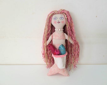 Coralie, 16"  Mermaid doll, pink hair mermaid doll, Mermaid rag doll, mermaid doll with seahorse and fish