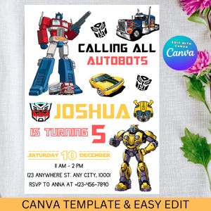 May include: A birthday invitation template featuring Transformers characters Optimus Prime and Bumblebee, a yellow sports car, and a semi-truck. The text reads: Calling All Autobots, Joshua is turning 5, Saturday 10 December, 11 AM - 2 PM.