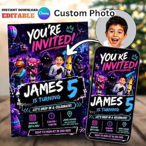 Puede incluir: Una invitación de cumpleaños con foto personalizada con el texto "You're Invited!" y "James cumple 5". El diseño incluye personajes de dibujos animados, una foto de un niño y detalles del evento. La invitación está disponible para descarga instantánea y es editable.
