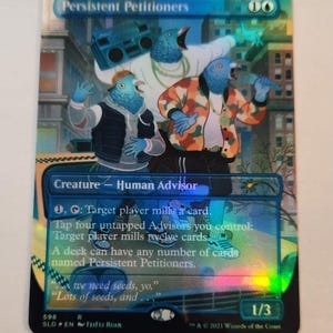 May include: A holographic trading card titled "Persistent Petitioners" features cartoon pigeons in streetwear. The card includes text about the game mechanics and a quote, with a 1/3 indicator. The card's background shows a city scene.