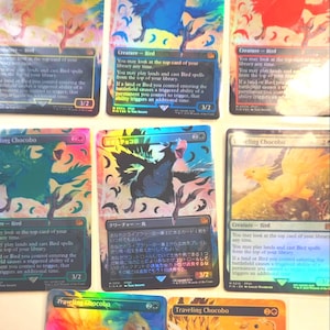 May include: A collection of "Traveling Chocobo" trading cards. Each card features a stylized bird creature in various colors, including blue, red, and yellow. The cards have a holographic finish and include game text.