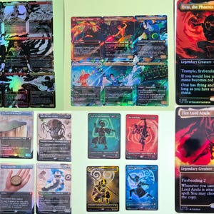 May include: A collection of Magic: The Gathering trading cards featuring various characters and artwork. The cards display vibrant colors, holographic effects, and detailed illustrations. Some cards feature text describing abilities and stats.