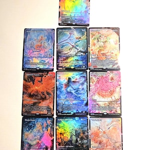 May include: Nine Magic: The Gathering trading cards are displayed, featuring colorful fantasy art. The cards showcase various creatures and spells, with vibrant illustrations and text. The cards are arranged in a grid, with a white background.