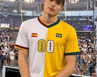Personalized Half & Half Soccer Jersey, Custom Binational Football Shirt with Name and Number, Select any 2 Countries, Bosnia Brazil Spain