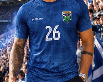 Schotland 3D-voetbalshirt, patriottische blauwe Schotse vlag voetbalshirt met naam en nummer, 2026 fanshirt, uniseks voetbalsporttrui