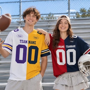 May include: Two split-color jerseys featuring the text TEAM NAME and the number 00. One jersey is white and yellow with purple and navy accents, while the other is red and navy with white accents. Both include a logo graphic on the chest.