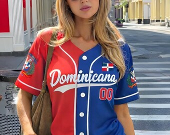 Camiseta de aficionado de béisbol de República Dominicana, con nombre personalizado, número, botones frontales 3D, degradado rojo y azul, para el Torneo Internacional 2026