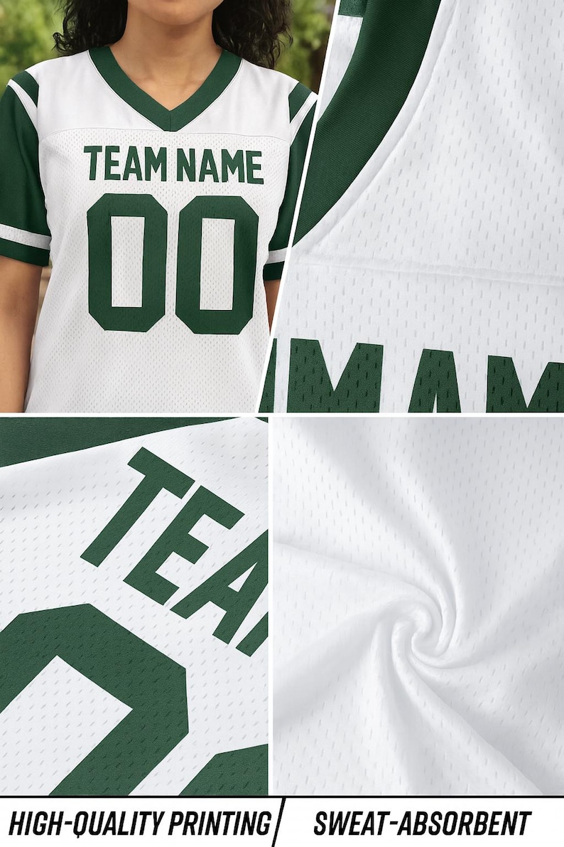 K&ouml;nnte beinhalten: Wei&szlig;es und gr&uuml;nes Sporttrikot mit dem Text "TEAM NAME" und der Nummer "00" in Gr&uuml;n. Das Trikot hat einen V-Ausschnitt und kurze &Auml;rmel. Das Bild zeigt auch die W&ouml;rter "HIGH-QUALITY PRINTING" und "SWEAT-ABSORBENT".