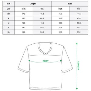 May include: An image of a white crop top football jersey with a V-neck design. The image includes a size chart with measurements in inches and centimeters for length and bust, ranging from XS to XL. The text "ALL-OVER PRINT CROP TOP FOOTBALL JERSEY" is at the top.