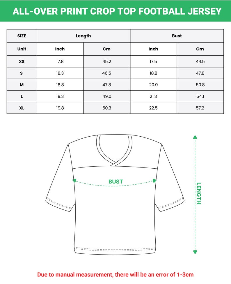 May include: An image of a white crop top football jersey with a V-neck design. The image includes a size chart with measurements in inches and centimeters for length and bust, ranging from XS to XL. The text "ALL-OVER PRINT CROP TOP FOOTBALL JERSEY" is at the top.