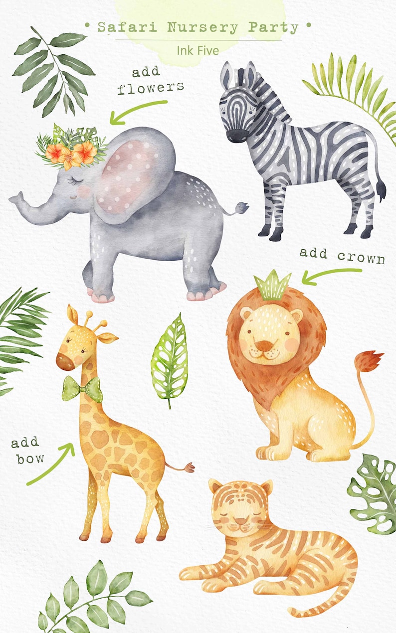 Safari Nursery Party clip arts Africa jungle printable handdrawn png illustrations Tropical birthday digital cliparts Watercolor Animals
