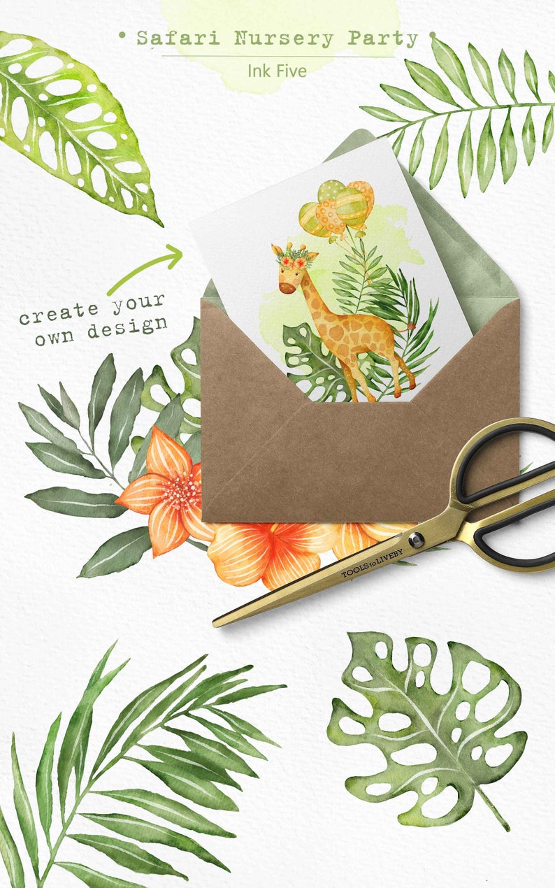 Safari Nursery Party clip arts Africa jungle printable handdrawn png illustrations Tropical birthday digital cliparts Watercolor Animals