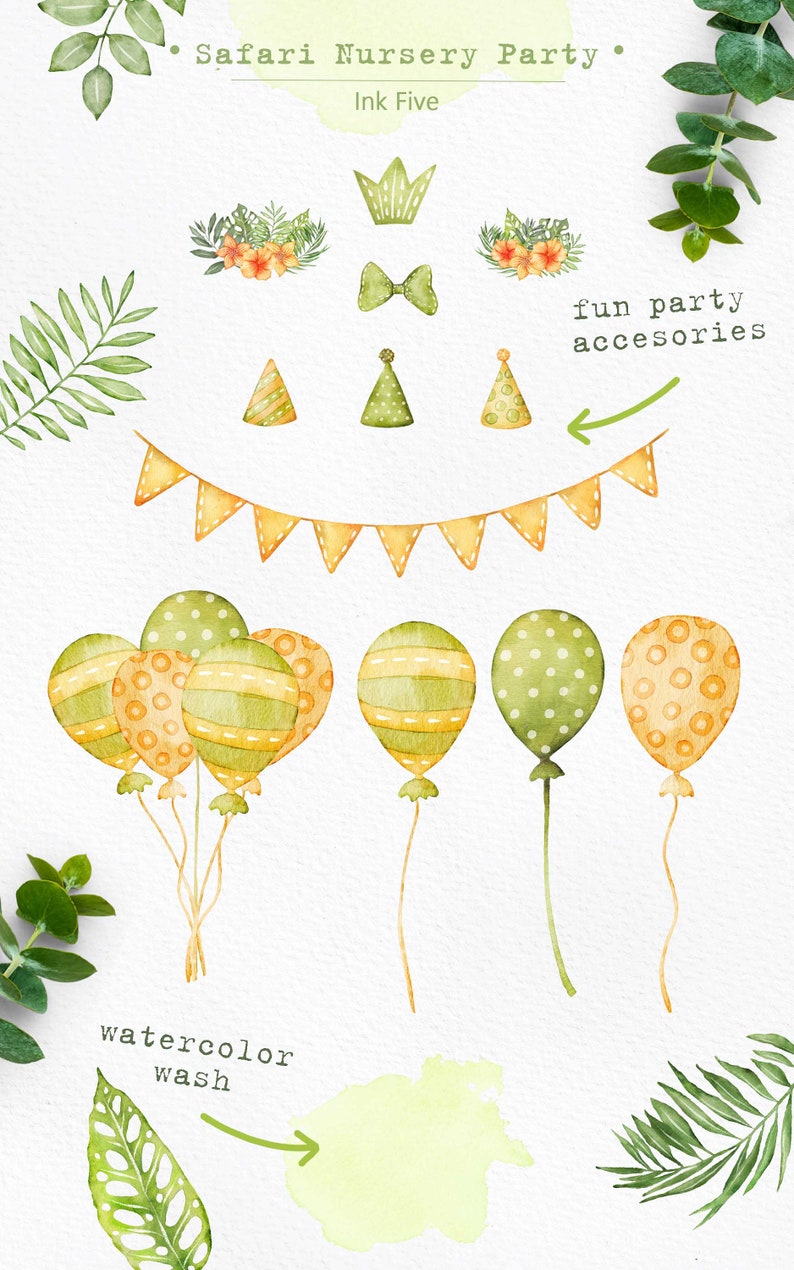 Safari Nursery Party clip arts Africa jungle printable handdrawn png illustrations Tropical birthday digital cliparts Watercolor Animals