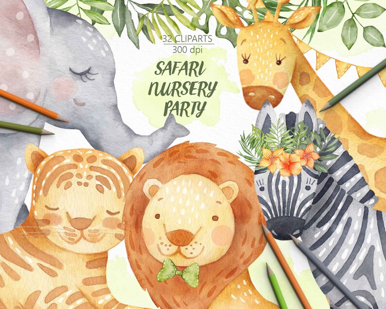 Safari Nursery Party clip arts Africa jungle printable handdrawn png illustrations Tropical birthday digital cliparts Watercolor Animals