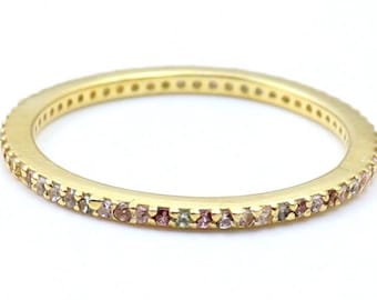 Dainty Multi Tourmaline Eternity Band Ring: 14k Gold Plated Rainbow Stacking Ring