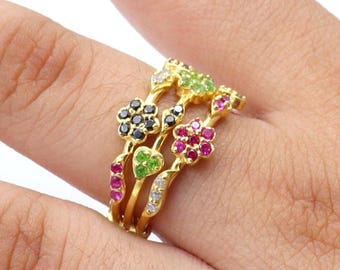 AAA Multi Gemstone Ring: Tsavorite, Ruby, Topaz, Diamond - 14k Gold Plated