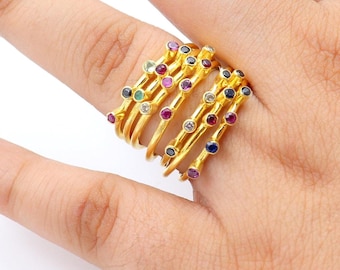 Gold Plated Multi-Gemstone Ring: Ruby, Sapphire, Diamond Stacking Band