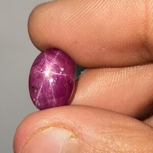 May include: A polished, oval star ruby gemstone. The ruby is a deep magenta colour with a six-rayed star pattern visible on its surface. The gemstone is held between two fingers against a neutral background.