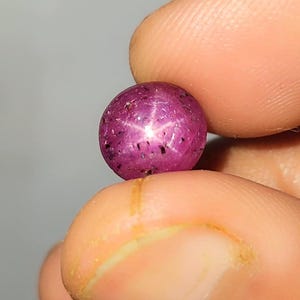Puede incluir: Una gema de rubí redonda y pulida con efecto estrella. La gema es de color rojo rosado intenso, con un patrón de estrella de seis puntas visible en su superficie. El rubí se sostiene entre dos dedos sobre un fondo neutro.