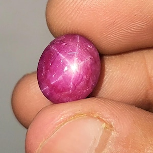 May include: Oval-shaped, polished ruby gemstone with a six-ray star effect. The gem is a deep pinkish-red colour, held between fingers against a neutral background. The star effect is visible across the surface.