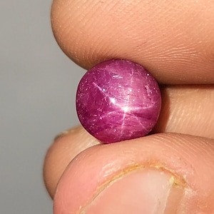 May include: A polished, round star ruby gemstone. The gem is a deep pinkish-red, displaying a six-rayed star effect. The stone is held between two fingers. The gem is likely a few centimeters in diameter.