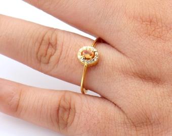Gold Plated Orange Sapphire Ring: Diamond Halo, November Birthstone