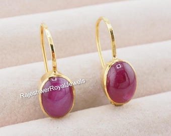 Ruby Dangle Earrings: 14K Gold Plated Sterling Silver, Handmade Gemstone Jewelry
