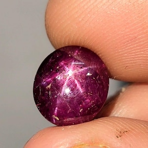 May include: A spherical, polished, deep red gemstone displaying a six-rayed star pattern. The gem is held between two fingers, highlighting its rich colour and distinctive optical effect. The star pattern is caused by light reflecting within the stone.