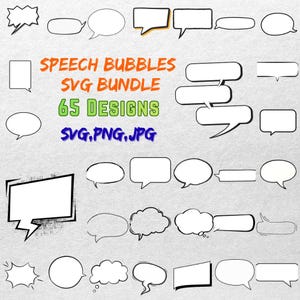Pode incluir: Uma coleção de 65 designs de balões de fala em várias formas, incluindo retângulos, ovais e nuvens. O texto "SPEECH BUBBLES SVG BUNDLE" está em laranja, "65 DESIGNS" em verde e "SVG, PNG, JPG" em azul.