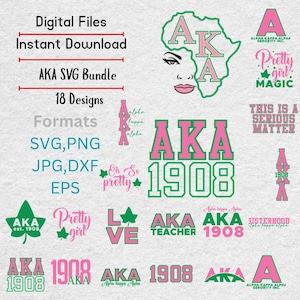 Pode incluir: Uma coleção de arquivos de design digital para download instantâneo. Os designs apresentam as letras "AKA" em rosa e verde, o número "1908" e outros gráficos relacionados à irmandade. Formatos: SVG, PNG, JPG, DXF e EPS. O texto "Arquivos digitais" e "Download instantâneo" também estão incluídos.