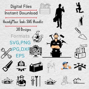 Puede incluir: Un paquete gráfico de descarga digital con 30 diseños de herramientas de handyman. La imagen incluye siluetas de herramientas, trabajadores y cajas de herramientas, junto con el texto "Digital Files", "Instant Download" y "HandyMan Tools SVG Bundle."