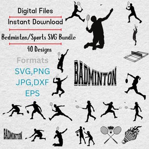 以下が含まれることがあります： バドミントンをテーマにしたデジタルSVGバンドル。画像には、バドミントン選手のアクション、バドミントン用品、および「BADMINTON」という単語のシルエットが含まれています。「デジタルファイル」、「インスタントダウンロード」、「40デザイン」、ファイル形式などのテキストが含まれています。