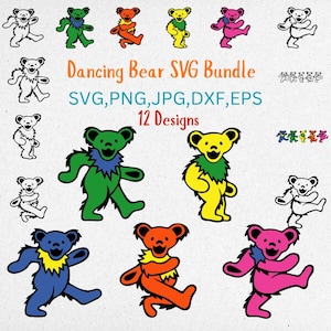 May include: A selection of dancing bear designs in vibrant colours such as green, yellow, orange, pink, and blue. The text "Dancing Bear SVG Bundle" is visible, alongside file type options and the number "12 Designs".