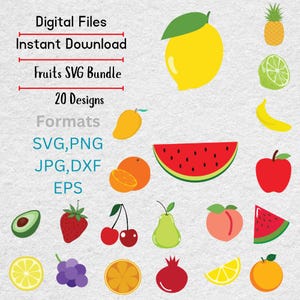 Puede incluir: Un gráfico digital con varias frutas, como un limón, una sandía y una manzana. La imagen también incluye el texto "Digital Files, Instant Download, Fruits SVG Bundle, 20 Designs, Formats: SVG, PNG, JPG, DXF, EPS."