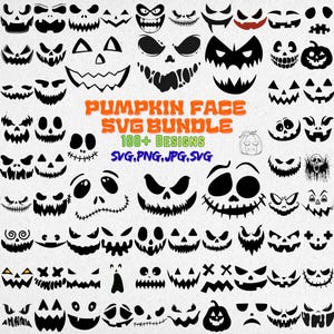 Op de afbeelding: Een verzameling van meer dan 100 zwarte pompoengezichtontwerpen in SVG-, PNG-, JPG- en SVG-formaten. De ontwerpen bevatten verschillende uitdrukkingen, van griezelige grijnslachjes tot dreigende frons, perfect voor Halloween-knutselwerkjes en decoraties.